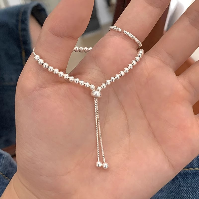 100% Solid 925 Sterling Silver Metal Bracelets for Women Men Adjustable Beads Handmade Simple Birthday Christmas Gift