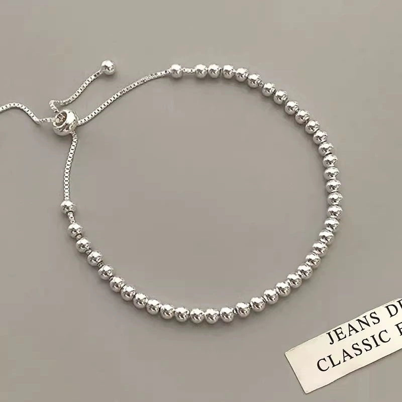 100% Solid 925 Sterling Silver Metal Bracelets for Women Men Beads Adjustable Handmade Simple Bracelet Birthday Christmas Gifts