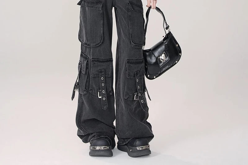 Y2K 2000S Black Cargo Jeans Women Vintage Streetwear Wide Leg Denim Pants Harajuku Aesthetic High Waist Baggy Straight Trousers - Premium Kiosk