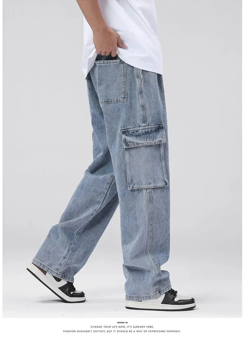 Men's Baggy Straight Cargo Jeans Elastic Waist Drawstring Casual Pants High Street Fashion Vintage Trousers Male Trendy Brand