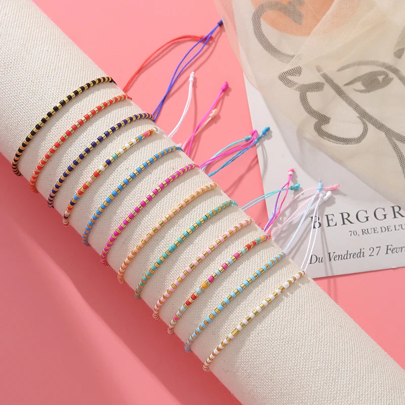 12pcs Multi-Color Bracelets Set Small Beads Charms Bracelet Adjustable Rope Bracelet Jewelry for Girls Women