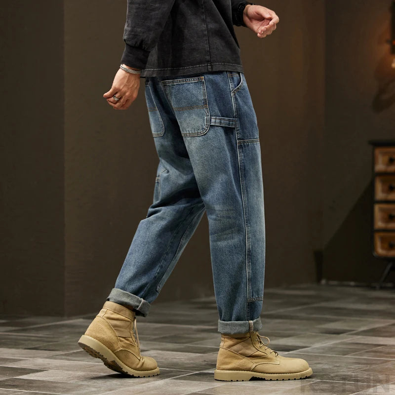 2024 Cargo Jeans Men Harem Pants Loose Baggy Pants Blue Patched Fashion Designer Pockets Trousers Oversized Tapered Streetwear - Premium Kiosk
