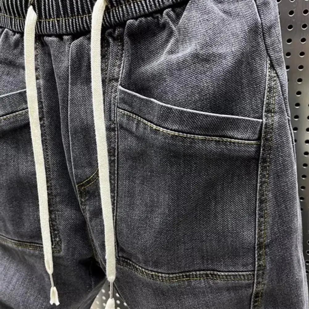 Elastic Waist Jeans Men's Elastic Drawstring Waist Denim Cargo Pants With Pockets Solid Color Harem Trousers For Spring Autumn - Premium Kiosk