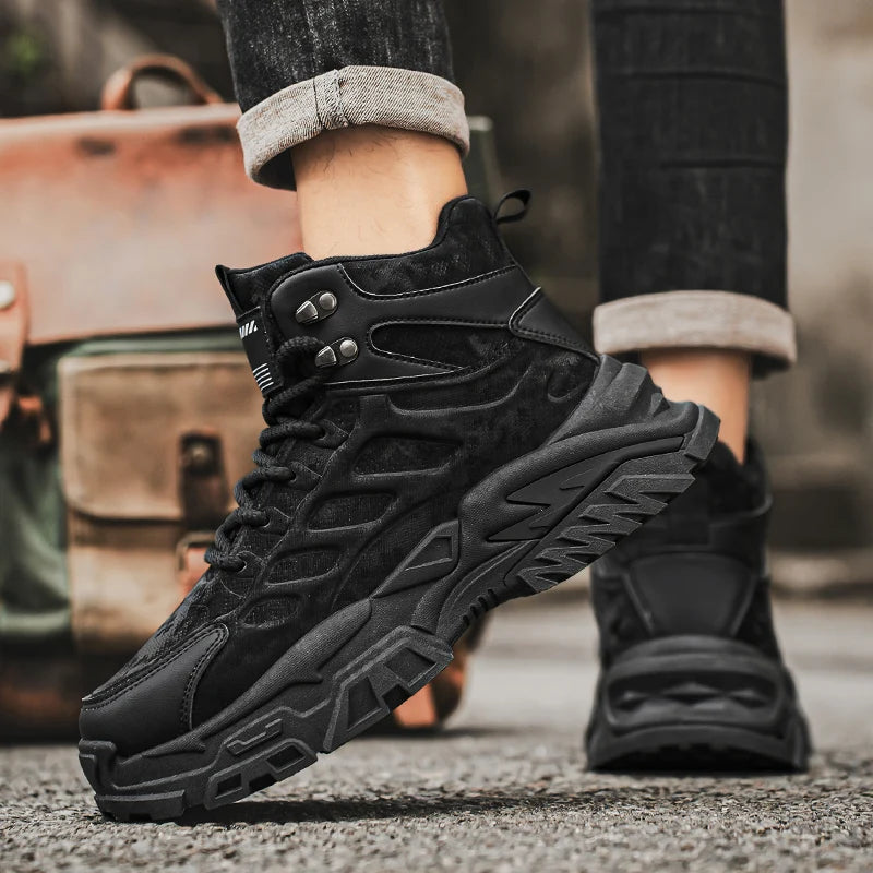 2025 Men's high-top thick-sole casual shoes versatile mixed material daddy sneakers outdoor tooling wear-resistant men's shoes