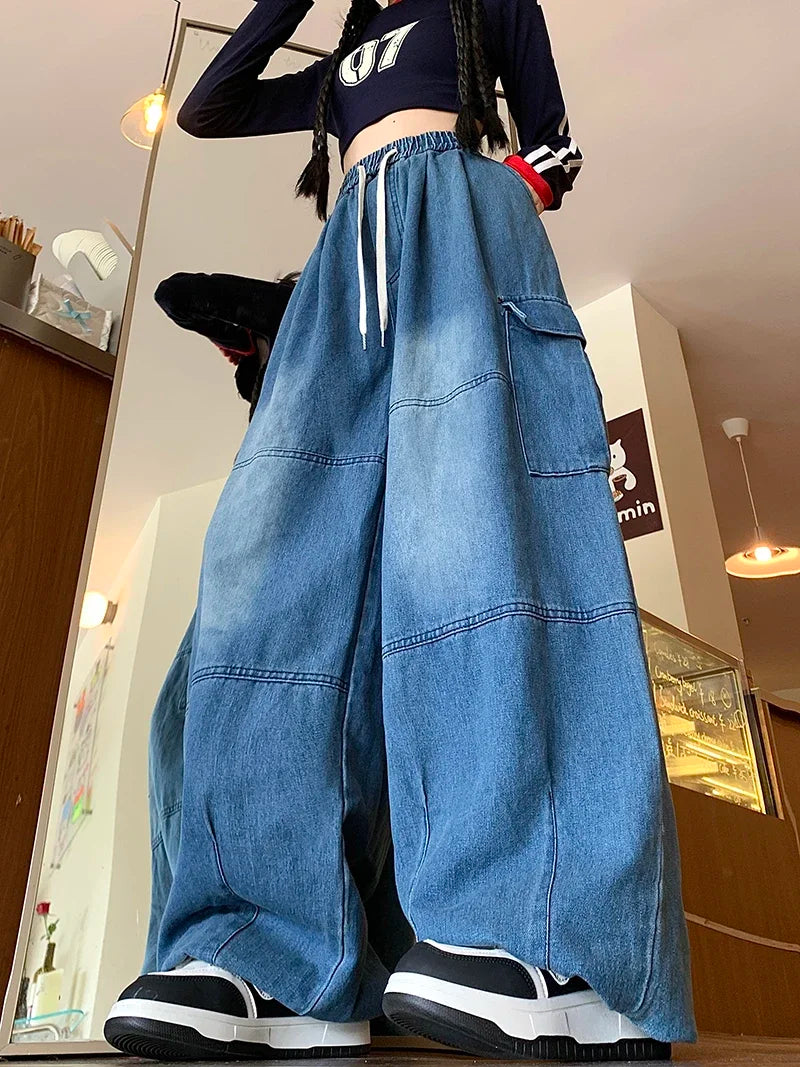 Cargo Jean Loose Wide Leg Workwear Jeans Elastic Waist Men and Women Spring Autumn Faion Brand Waed Out Trousers Straight Cut
