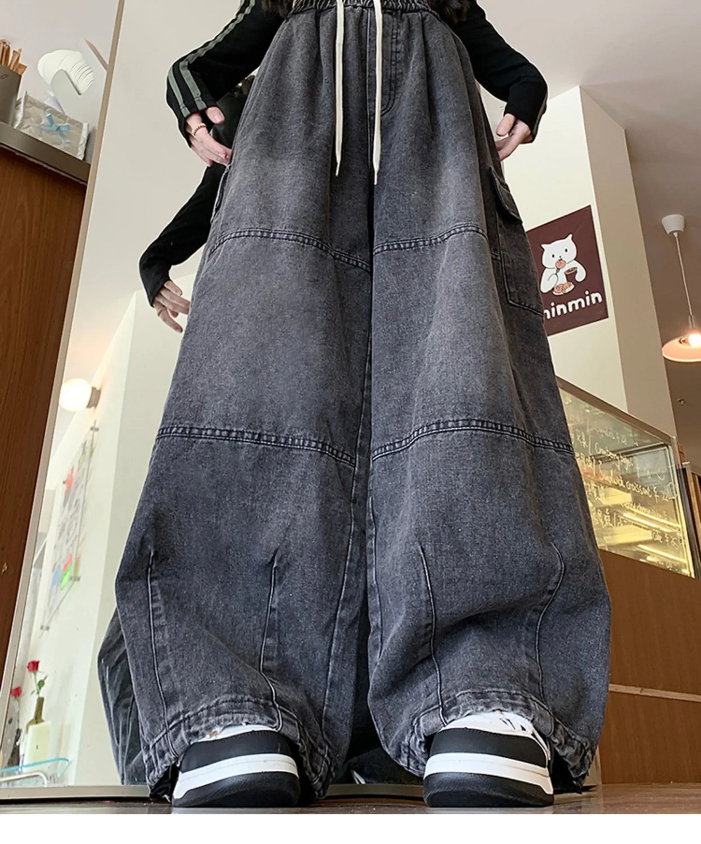 Cargo Jean Loose Wide Leg Workwear Jeans Elastic Waist Men and Women Spring Autumn Faion Brand Waed Out Trousers Straight Cut