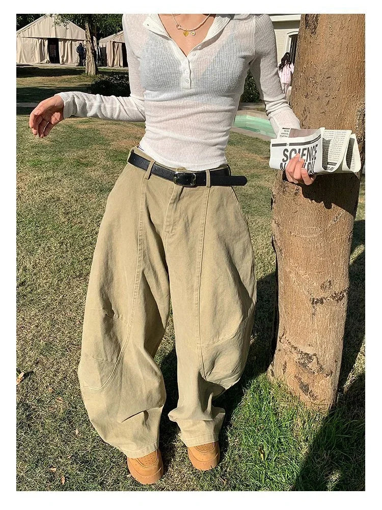 Women's Y2K Vintage Wash Cargo Jeans Harajuku Scimitar Wide Leg American Retro Denim Pants Baggy Trousers Gyaru Streetwear - Premium Kiosk