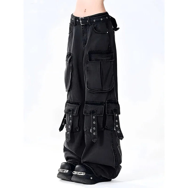 Y2K 2000S Black Cargo Jeans Women Vintage Streetwear Wide Leg Denim Pants Harajuku Aesthetic High Waist Baggy Straight Trousers - Premium Kiosk