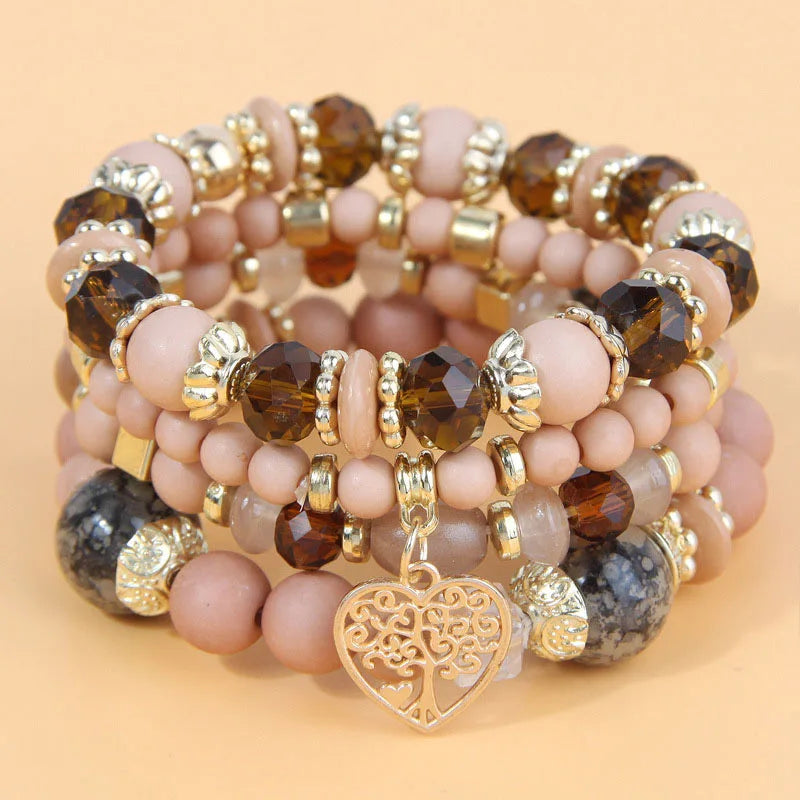 4 Pieces Stretch Beaded Bracelets Set For Women Heart Pendant Adjustable Colorful Charms New Fashion Jewelry Glass Stones C1338