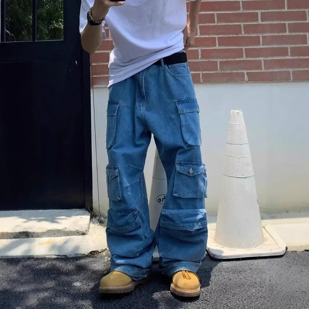 Men's Cargo Jeans Spring New Fashion Hip Hop Streetwear Multi Pocket Loose Blue Wide Legs Denim Pants Personalized Y2K Trousers - Premium Kiosk