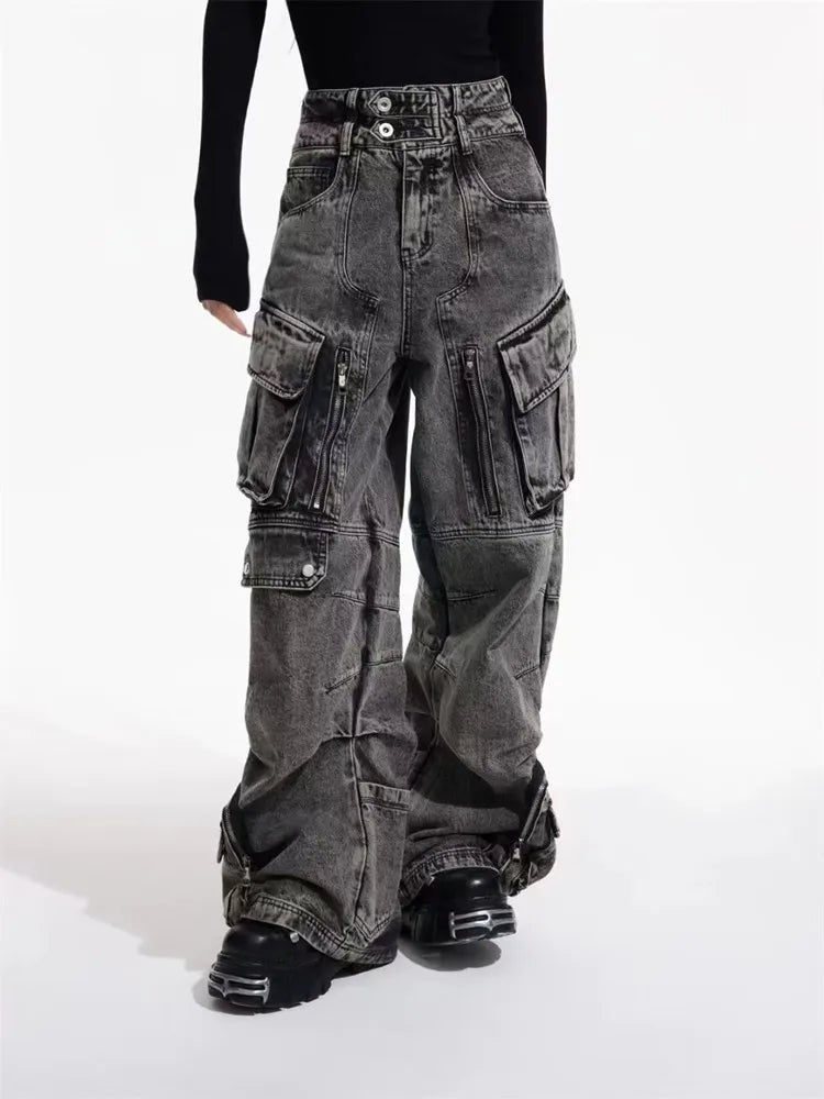 2025 Cyber Y2K Streetwear Washed Grey Baggy Cargo Jeans Pants For Men 90S Vintage Clothes Wide Leg Zipper Gothic Denim Trousers - Premium Kiosk