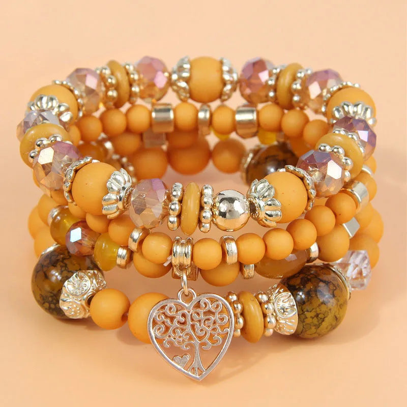 4 Pieces Stretch Beaded Bracelets Set For Women Heart Pendant Adjustable Colorful Charms New Fashion Jewelry Glass Stones C1338