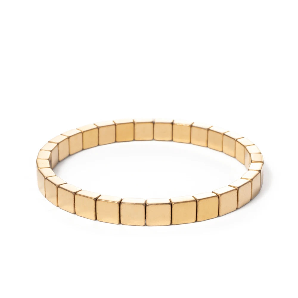 2024 New Design Golden Bracelets For Women Gold Color Hematite Beaded Elastic Bangle Sets Square Shape Beads Accessory