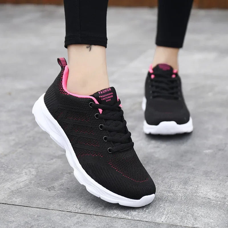 Women's Black Breathable Knitted Sneakers Casual Lace Up Outdoor Walking Shoes Comfortable Fashionable Versatile Tennis Shoes