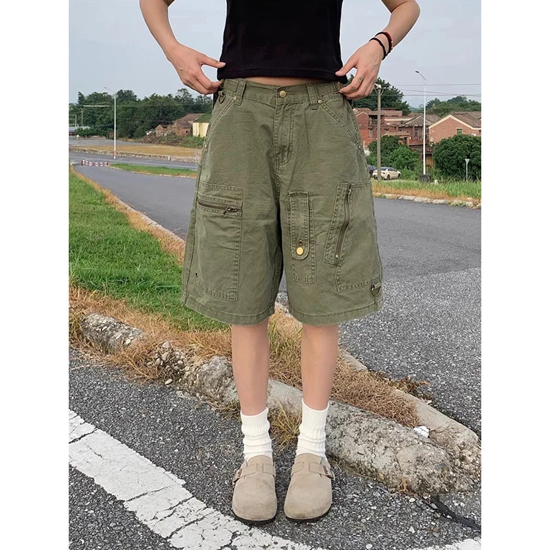 ZHIZOU Women Cargo Short Jeans American Vintage Y2K Straight Streetwear Wide Leg Pants High Waist Summer Knee Length Denim Short - Premium Kiosk