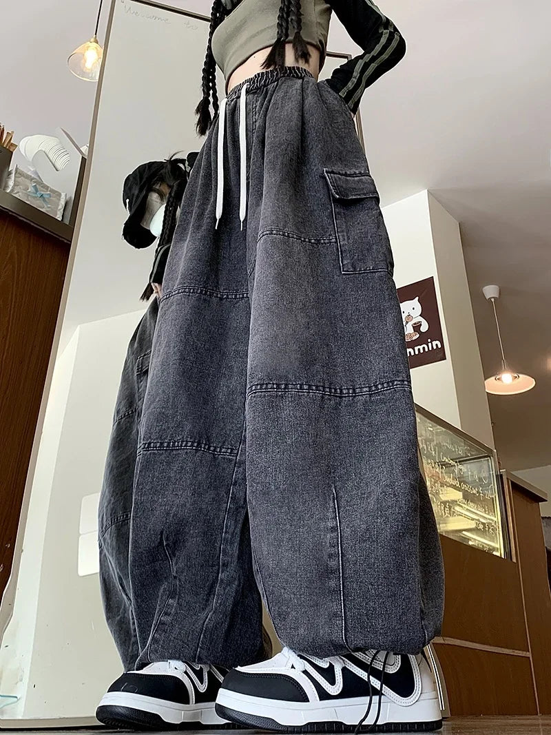 Cargo Jean Loose Wide Leg Workwear Jeans Elastic Waist Men and Women Spring Autumn Faion Brand Waed Out Trousers Straight Cut