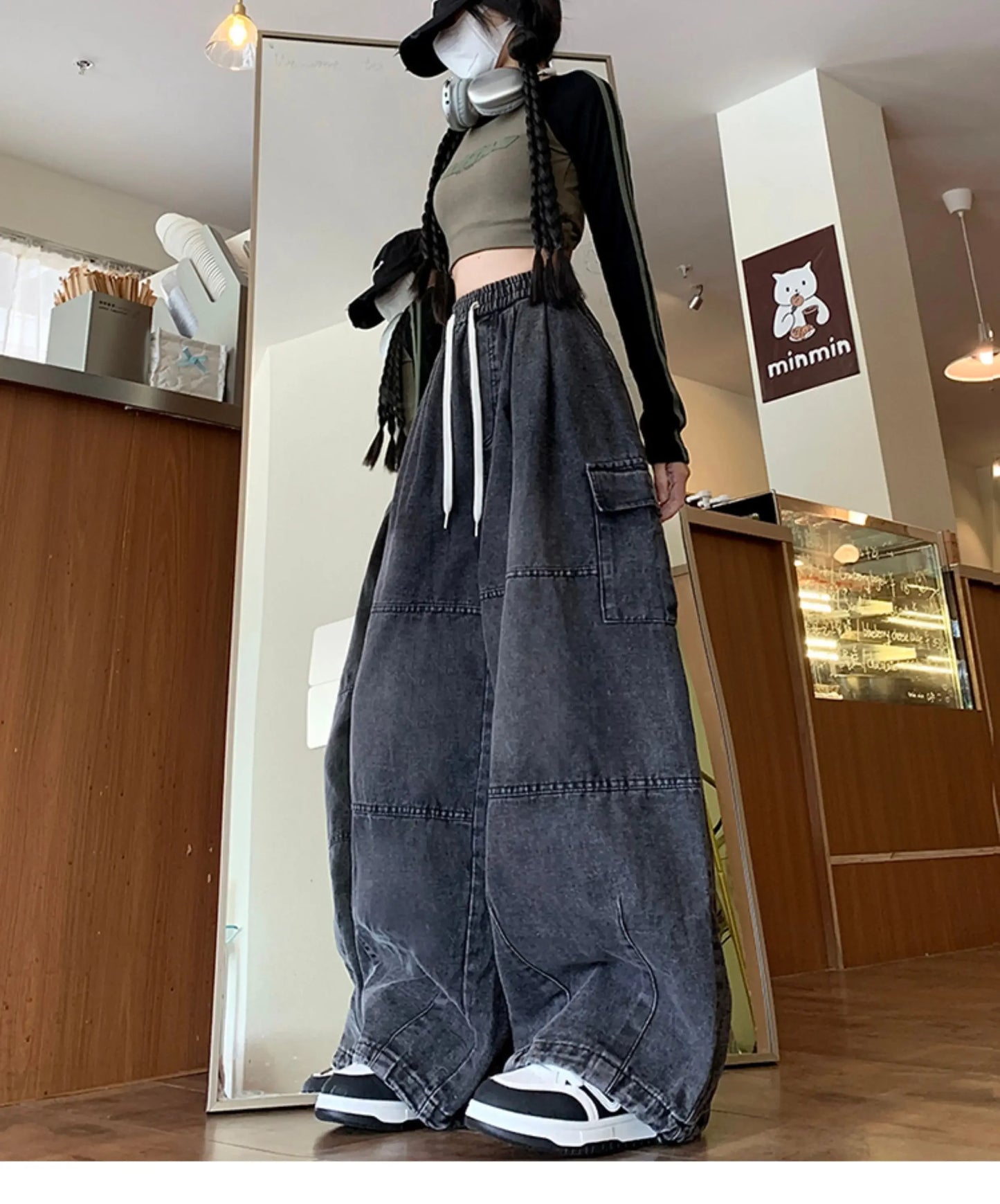 Cargo Jean Loose Wide Leg Workwear Jeans Elastic Waist Men and Women Spring Autumn Faion Brand Waed Out Trousers Straight Cut