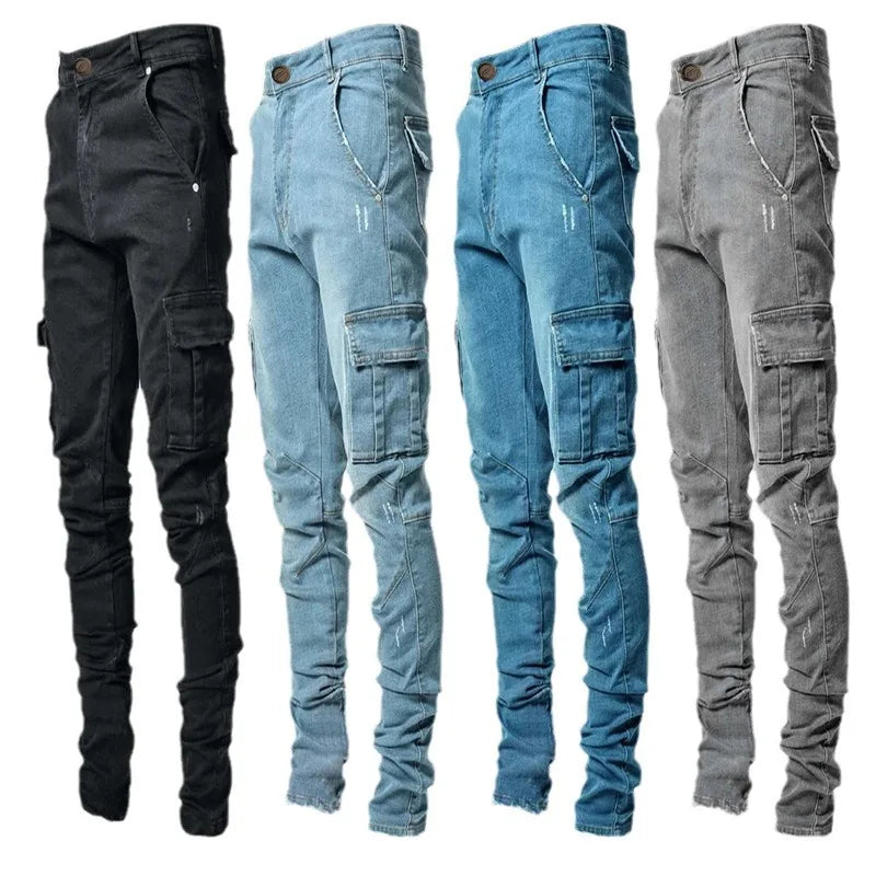 Fashion New Men's Denim Cargo Pants Multi-pockets Design Solid Slim Jeans Men Street Elastic Cowboy Trousers Daily Wear Joggers