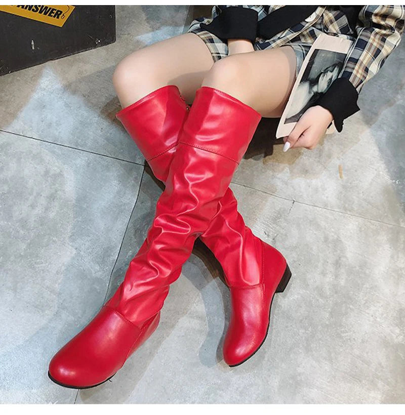2023Shoes For Women Knee High Boots Red Black White Tall Boots Woman Pleated Low Heel Casual Leather Female Long Shoes