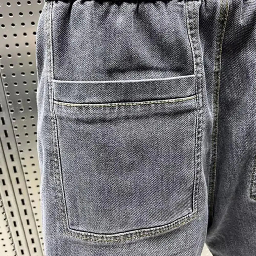 Elastic Waist Jeans Men's Elastic Drawstring Waist Denim Cargo Pants With Pockets Solid Color Harem Trousers For Spring Autumn - Premium Kiosk