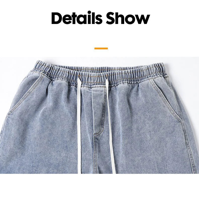 Men's Baggy Straight Cargo Jeans Elastic Waist Drawstring Casual Pants High Street Fashion Vintage Trousers Male Trendy Brand