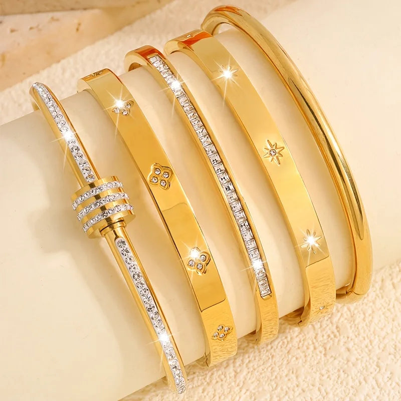 5-piece Women Bracelet Set - 18k Gold Plated Stainless Steel With Sparkling Rhinestone Embellishments Stackable Fashion Jewelry