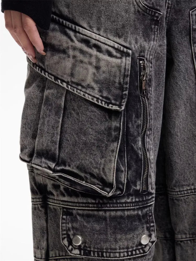 2025 Cyber Y2K Streetwear Washed Grey Baggy Cargo Jeans Pants For Men 90S Vintage Clothes Wide Leg Zipper Gothic Denim Trousers - Premium Kiosk