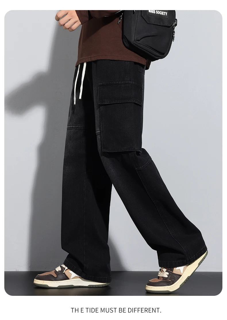 Men's Straight Cargo Jeans New Elastic Waist Multi-pockets Baggy Denim Pants Y2K Fashion Harajuku Streetwear Trousers Male - Premium Kiosk