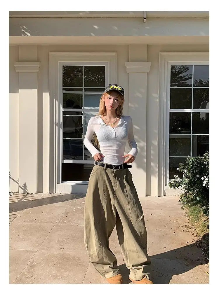 Women's Y2K Vintage Wash Cargo Jeans Harajuku Scimitar Wide Leg American Retro Denim Pants Baggy Trousers Gyaru Streetwear - Premium Kiosk