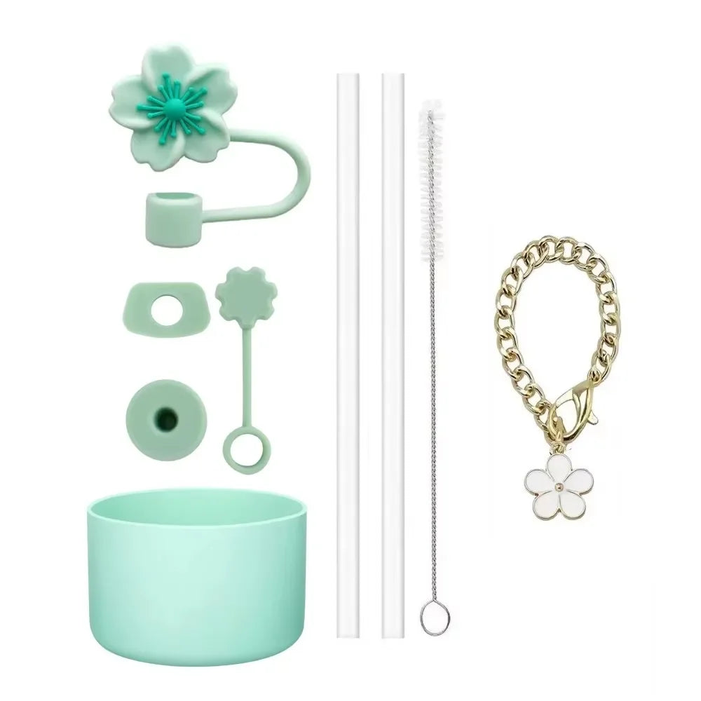 Accessories for Stanley Cup Set of 9, 2 Straw and Brush and 1 Flower Charm Chain 3 Spill Proof Stopper Flowers Straw Cover Boot