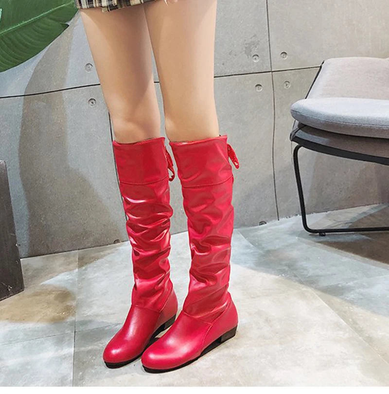 2023Shoes For Women Knee High Boots Red Black White Tall Boots Woman Pleated Low Heel Casual Leather Female Long Shoes