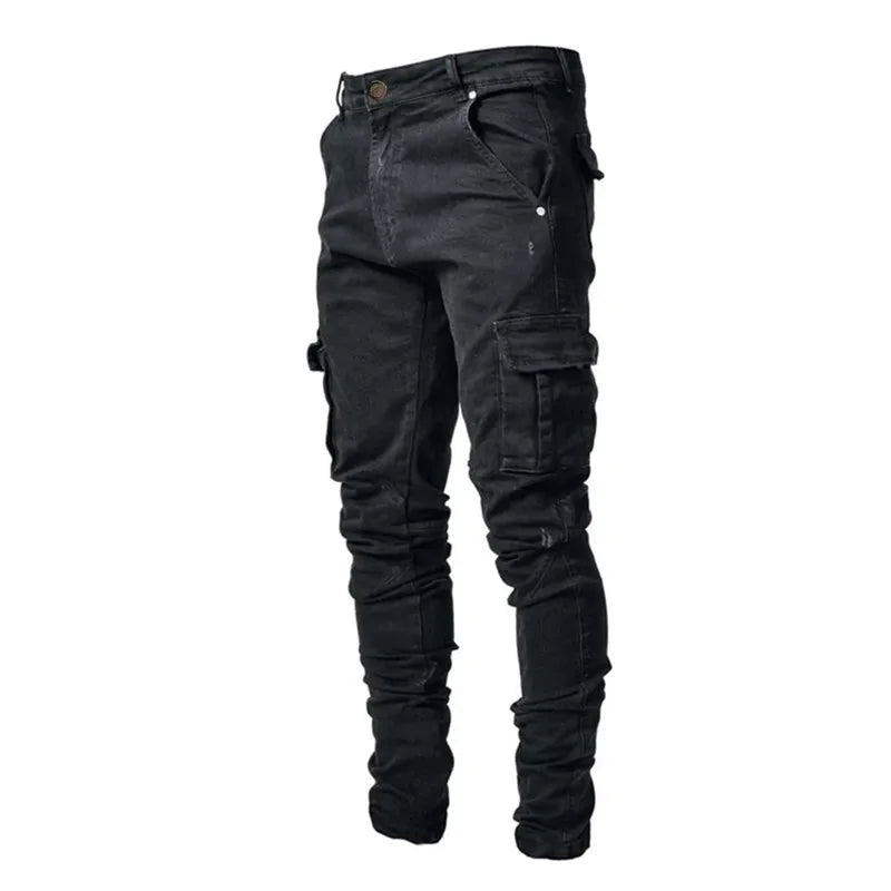 Fashion New Men's Denim Cargo Pants Multi-pockets Design Solid Slim Jeans Men Street Elastic Cowboy Trousers Daily Wear Joggers