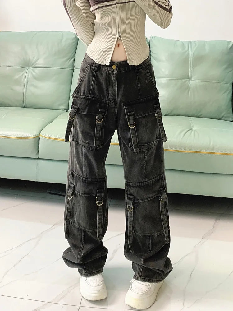 2023 Cyber Y2K Streetwear Grey Distressed Baggy Cargo Jeans Pants For Women Multiple Pockets Wide Leg Hip Hop Lady Old Trousers - Premium Kiosk
