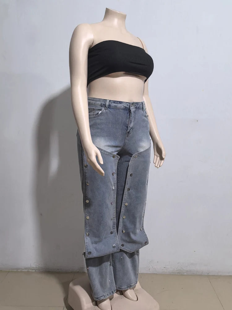 Women Streetwear Button Cutout Cargo Straight Denim Wide Leg Jeans Pants 2024 Elastic INS Fashion Party Cargo Trousers - Premium Kiosk