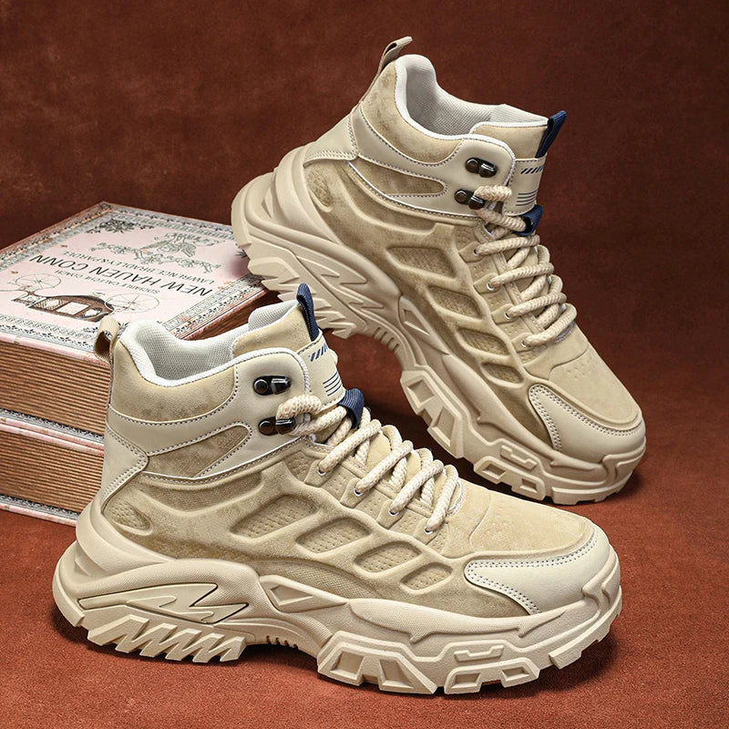 2025 Men's high-top thick-sole casual shoes versatile mixed material daddy sneakers outdoor tooling wear-resistant men's shoes