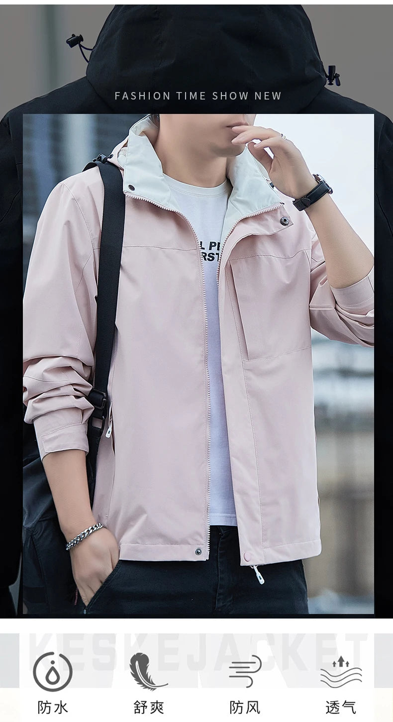 Jacket Men's 2025 Spring and Autumn Fashion Casual Waterproof Hooded Windbreaker Male Outdoor Camping Sports Solid Color Coat