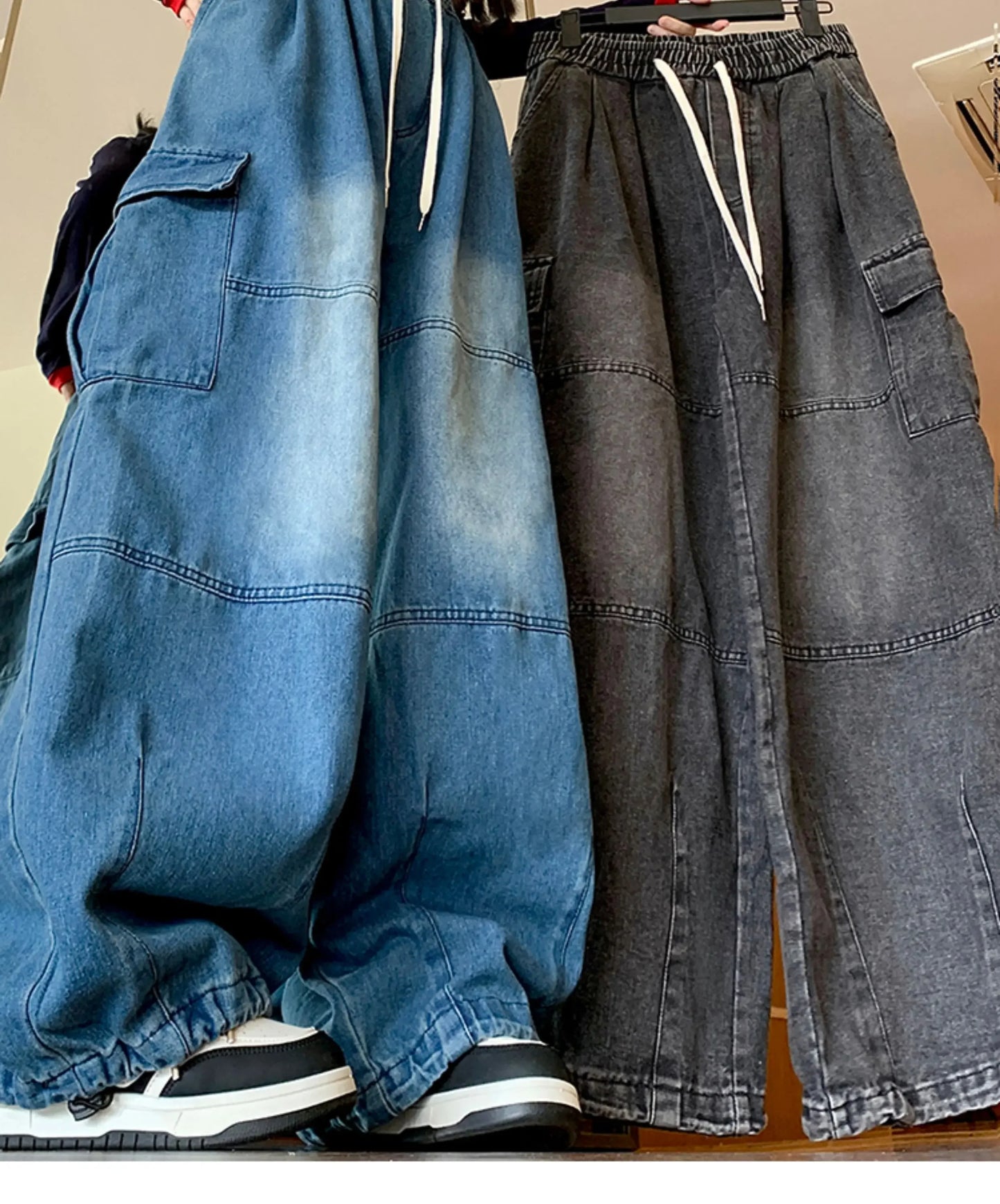 Cargo Jean Loose Wide Leg Workwear Jeans Elastic Waist Men and Women Spring Autumn Faion Brand Waed Out Trousers Straight Cut