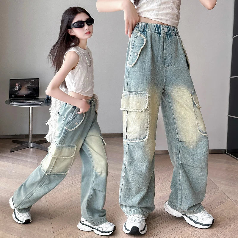 4-14 teen girls Jeans Summer Kids Cargo Pants Fashion casual versatile gradient Side Big Pocket Soft Thin denim wide leg pants - Premium Kiosk