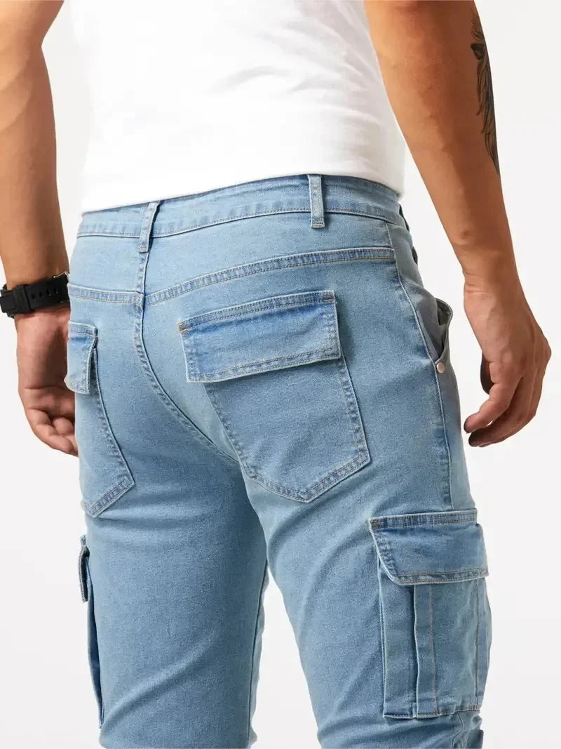 2025 Street Elastic Jeans Men Denim Cargo Pants Wash Solid Color Multi Pockets Casual Mid Waist Trousers Slim Daily Wear Joggers - Premium Kiosk