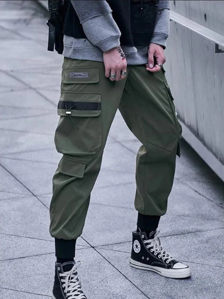 Joggers Cargo Pants for Men Casual Hip Hop Hit Color Pocket Male Trousers Sweatpants Streetwear Ribbons Techwear Pants - Premium Kiosk