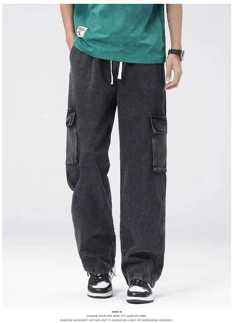Men's Baggy Straight Cargo Jeans Elastic Waist Drawstring Casual Pants High Street Fashion Vintage Trousers Male Trendy Brand