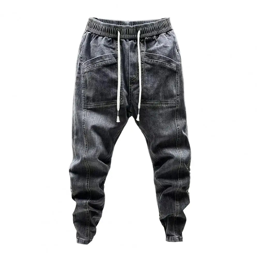 Elastic Waist Jeans Men's Elastic Drawstring Waist Denim Cargo Pants With Pockets Solid Color Harem Trousers For Spring Autumn - Premium Kiosk