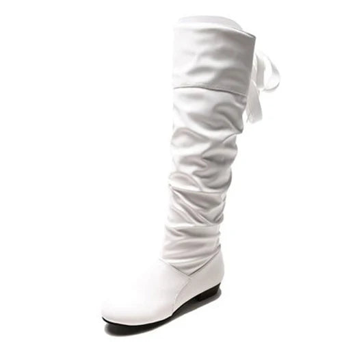 2024Shoes For Women Knee High Boots Red Black White Tall Boots Woman Pleated Low Heel Casual Leather Female Long Shoes