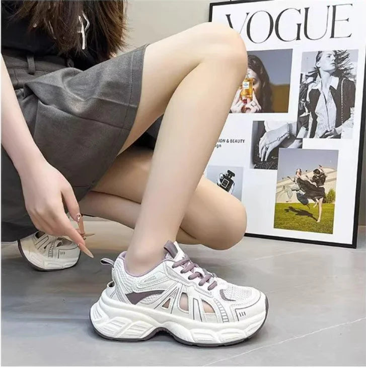 2025 New Fashion Dad Shoes -Breathable Hollow-Out Sneakers with Contrast Laces, Lightweight Summer Walking Shoes for Travel