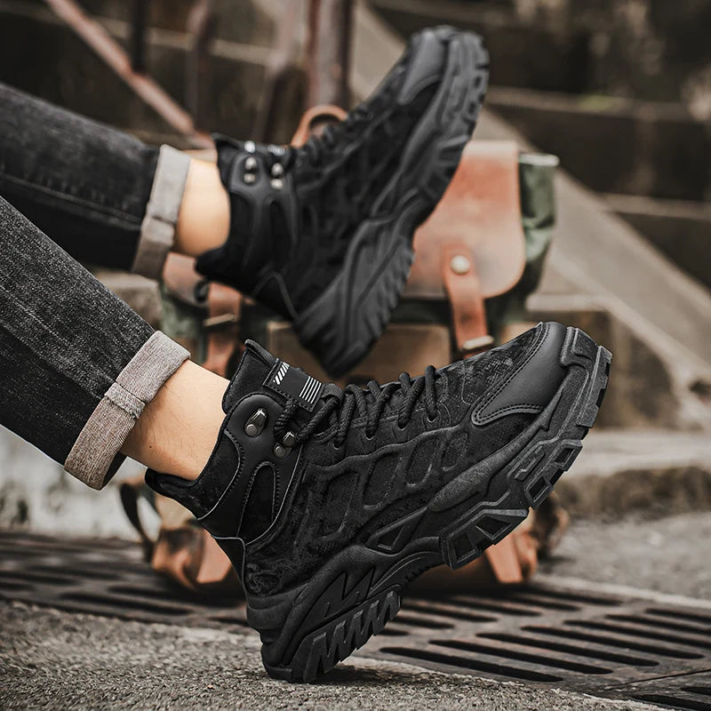 2025 Men's high-top thick-sole casual shoes versatile mixed material daddy sneakers outdoor tooling wear-resistant men's shoes