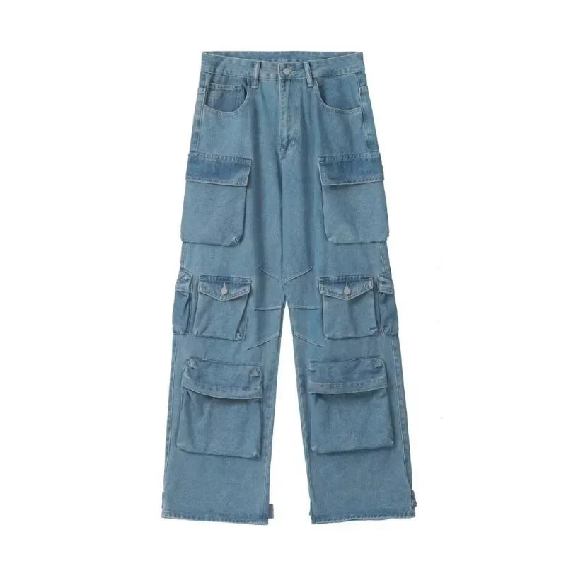Men's Cargo Jeans Spring New Fashion Hip Hop Streetwear Multi Pocket Loose Blue Wide Legs Denim Pants Personalized Y2K Trousers - Premium Kiosk
