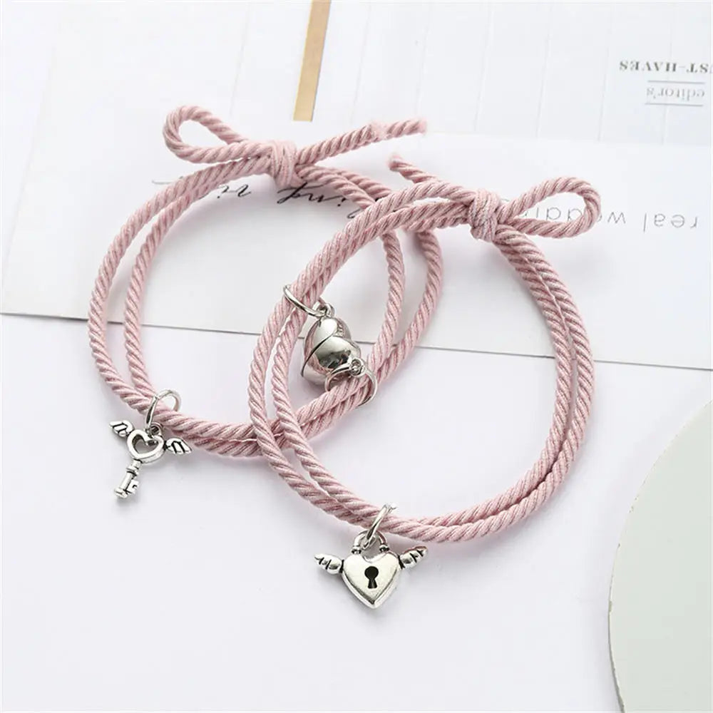 2pcs/Set Rope Braided Bracelet Trendy Alloy Magnet Attachment Couple Bracelet Simple Love Heart Black And White Bracelet Jewelry