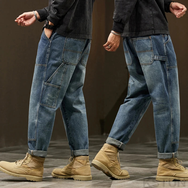 2024 Cargo Jeans Men Harem Pants Loose Baggy Pants Blue Patched Fashion Designer Pockets Trousers Oversized Tapered Streetwear - Premium Kiosk