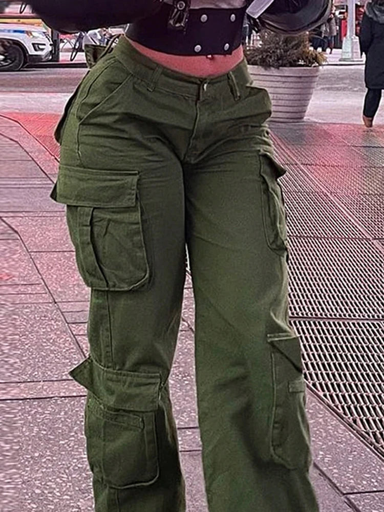 Womens New Denim Cargo Pants Retro Loose Trousers Multi Pocket Hip Hop Jeans Streetwear Wide Leg Casual Straight Pants TC708321 - Premium Kiosk