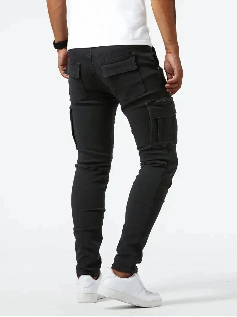 2025 Street Elastic Jeans Men Denim Cargo Pants Wash Solid Color Multi Pockets Casual Mid Waist Trousers Slim Daily Wear Joggers - Premium Kiosk